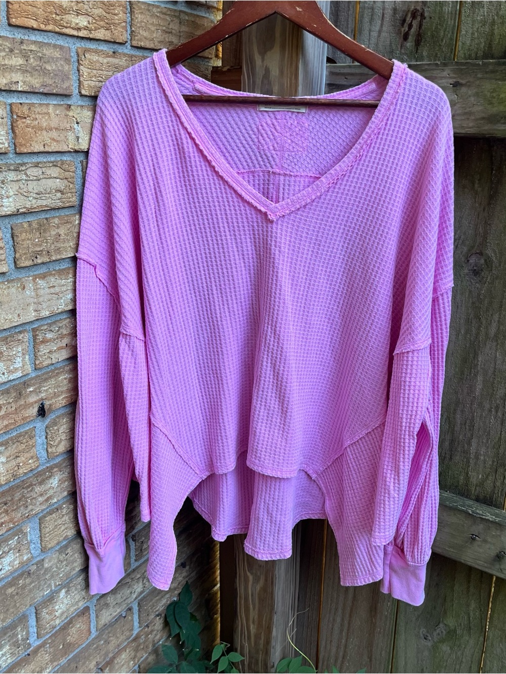 We The Free Pink Oversized Waffle V-Neck Long Sleeve Top